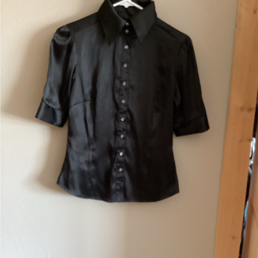 Wet Seal Black Satin Collared Button-Up Puff Short Sleeve Blouse S